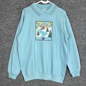 Haband women’s sweatshirt Collared Blue Nature Embroidered Size L‎